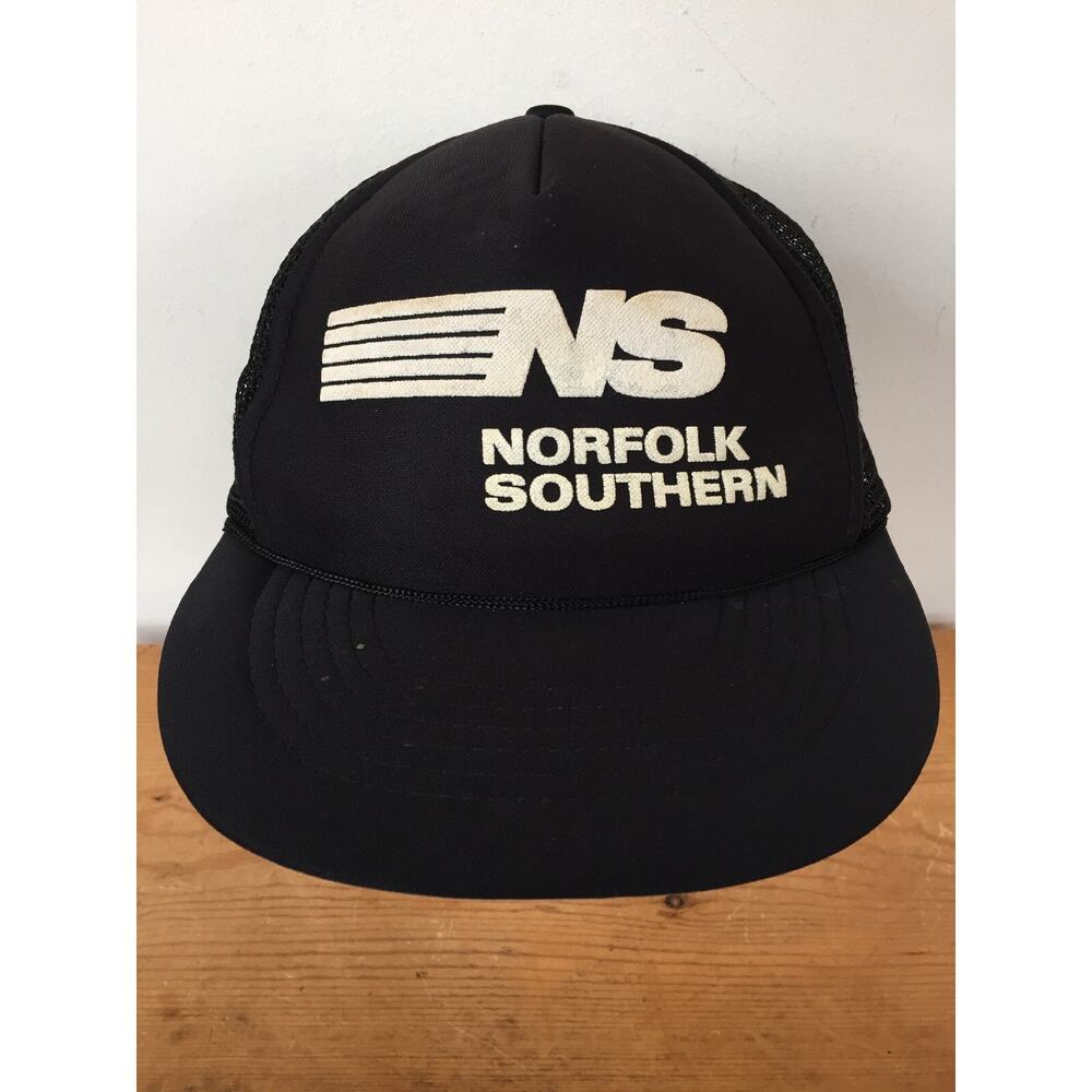 Vtg Norfolk Southern NS Black Train Nerd One Size Snapback Mesh Trucker Hat Cap
